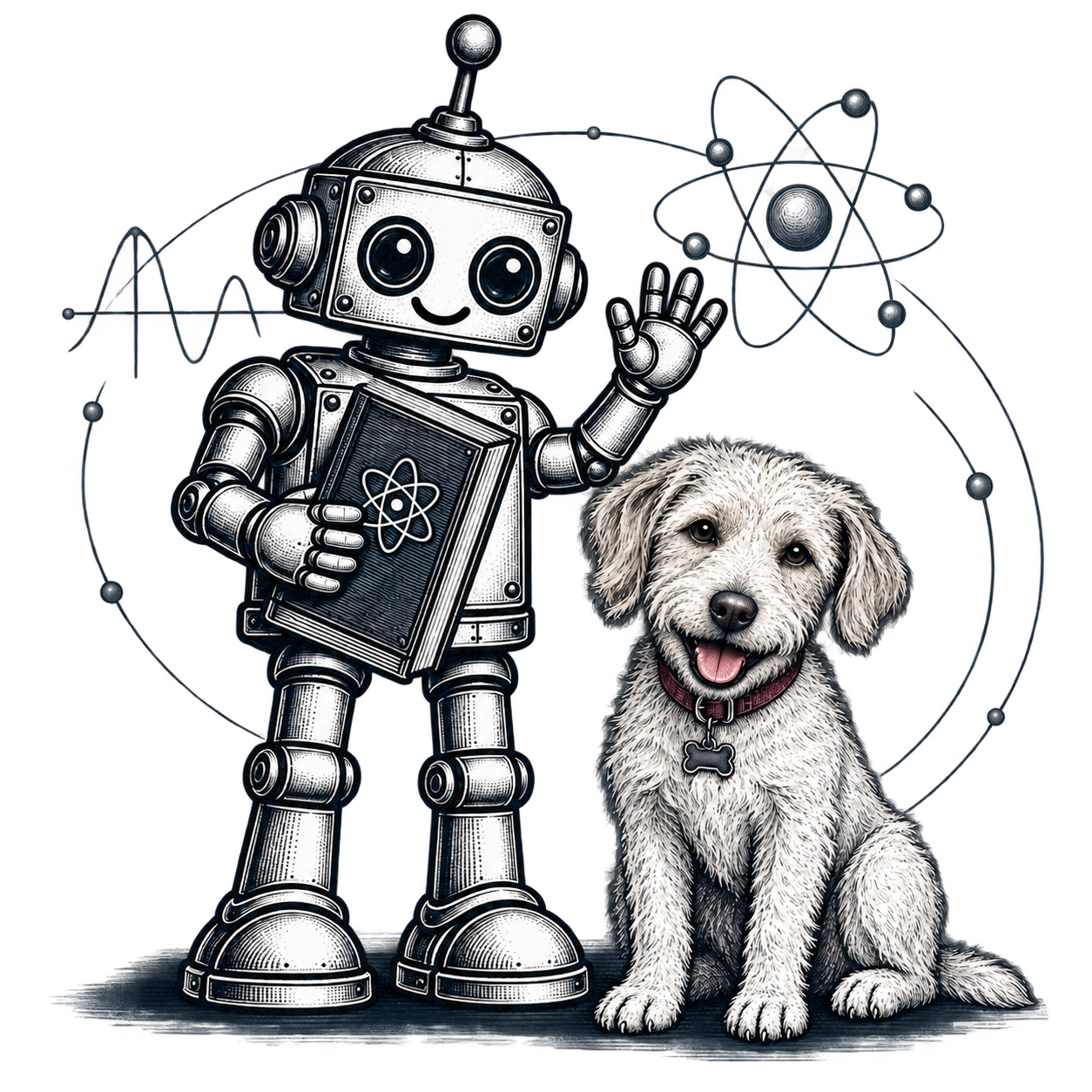 Illustrated robot bookseller with Barley the Shoppe Dog.